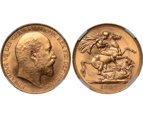 G British Coins, Edward VII, two pounds, 1902, head r., rev. St. George and the dragon (S.3967), certified and graded by NGC 