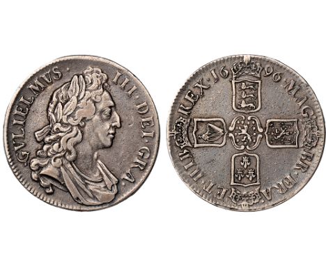British Coins, William III, crown, 1696, OCTAVO, first laur. and dr. bust r. rev. crowned cruciform shields (S.3470; ESC.89; 
