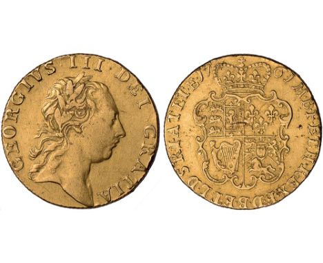 British Coins, George III, guinea, 1761, two leaves above head, first laur. head r., rev. crowned shield of arms (S.3725), br