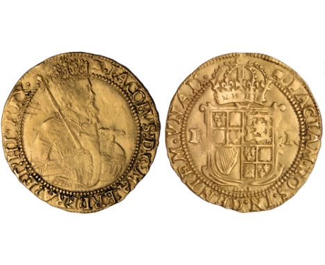 British Coins, James I, second coinage, unite, mm. book on lectern (1616-17), crowned fifth bust r., holding orb and shoulder