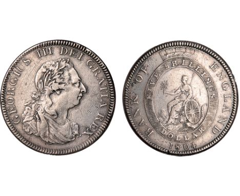 British Coins, George III, Bank of England, dollar, 1804, laur. bust r., rev. Britannia seated within crowned Garter (S.3768;