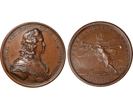 Foreign Coins and Medals, Russia, Peter I, the Great, Visit to the Paris Mint, copper medal, 1717, by Jean Duvivier, PETRVS A