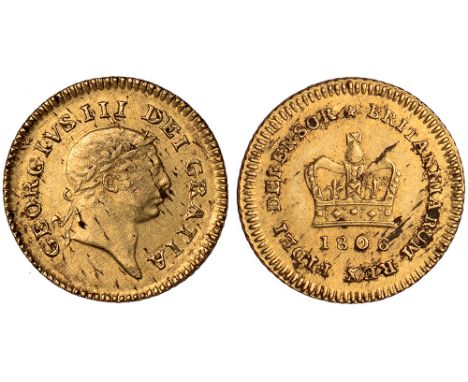G British Coins, George III, third guinea, 1806, laur. head r., rev. crown, date below (S.3740), flecking on both sides, othe