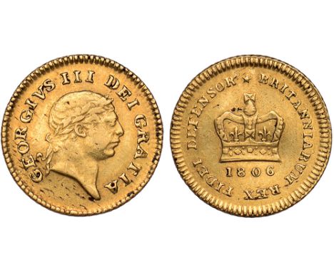 G British Coins, George III, third guinea, 1806, laur. head r., rev. crown, date below (S.3740), about very fine