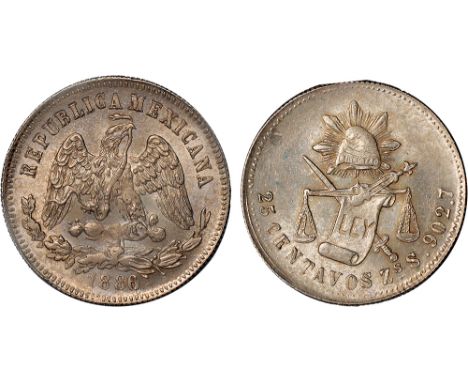Foreign Coins and Medals, Mexico, Republic, 25 centavos, 1886/5, Zacatecas, eagle on cactus, rev. radiant cap of Liberty abov