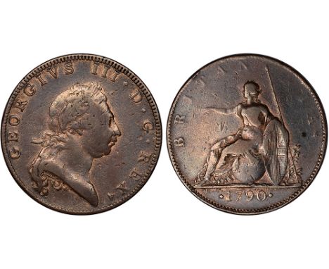 British Coins, George III, pattern halfpenny, 1790, brown gilt, laur. bust r., rev. Britannia std. l., holding spear (P.955),