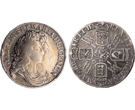British Coins, William and Mary, crown, 1691, TERTIO, conjoined laur. busts r., rev. crowned cruciform shields, interlinked W