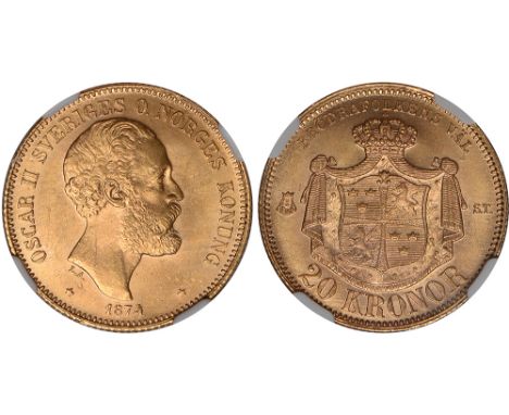 G Foreign Coins and Medals, Sweden, Oscar II, 20 kronor, 1874ST, bare head r., rev. crowned mantled shield of arms (KM.733; F