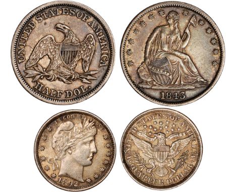 Foreign Coins and Medals, USA, half dollar, 1843; quarter dollar, 1892, Liberty std. r./Liberty head r., rev. eagle with shie