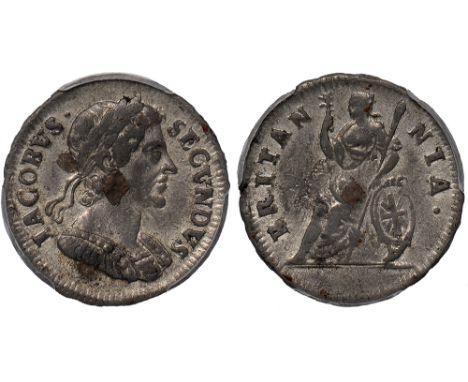 British Coins, James II, tin farthing, 1685, laur. bust r., rev. Britannia std. l., with shield and spear (S.3420), certified