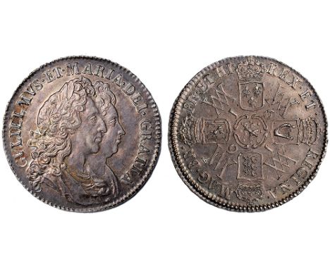 British Coins, William and Mary, halfcrown, 1691, TERTIO, second conjoined laur. busts r., rev. second crowned shield of arms