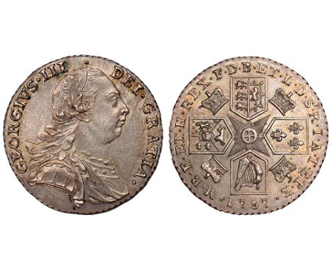 British Coins, George III, shilling, 1787, with hearts in Hanoverian shield, laur. and dr. bust r., rev. cruciform shields, c