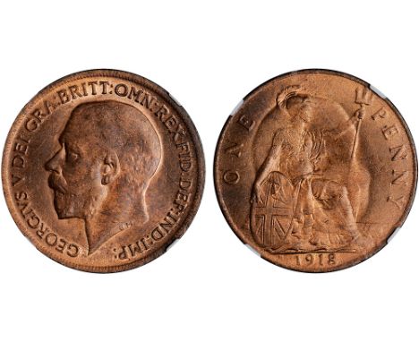 British Coins, George V, penny, 1918H, Heaton mint, H to l. of date, bare head l., rev. Britannia std. r., with shield and tr