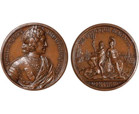 Foreign Coins and Medals, Russia, Peter I, the Great, copper memorial medal, 1725, by Jacques Antoine Dassier, draped, laurea