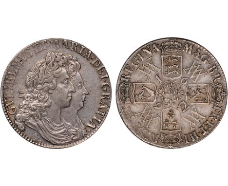 British Coins, William and Mary, crown, 1692, QVINTO, 2 over inverted 2 in date, conjoined busts r., rev. crowned cruciform s