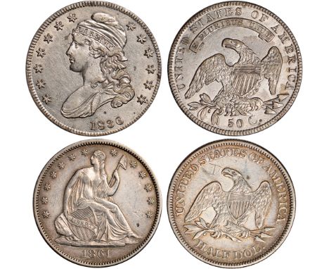 Foreign Coins and Medals, USA, half dollars (2): 1836, denomination shown as 50 cents; 1861, capped bust of Liberty l./Libert