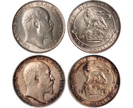 British Coins, Edward VII, shillings (2): 1902; 1903, bare head r., rev. lion on crown (S.3982), the first extremely fine, th