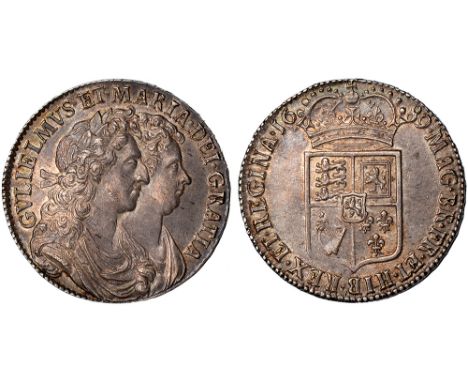 British Coins, William and Mary, halfcrown, 1689, PRIMO, no frosting, pearls, conjoined laur. busts r., rev. first crowned sh