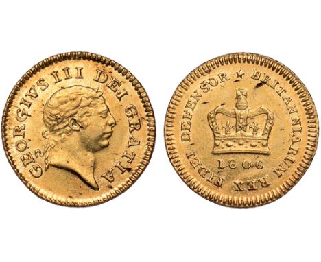 G British Coins, George III, third guinea, 1806, laur. head r., rev. crown, date below (S.3740), a couple of metal flaws on r