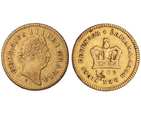 G British Coins, George III, third guinea, 1802, laur. head r., rev. crown, date below (S.3739), lis stamped on reverse below