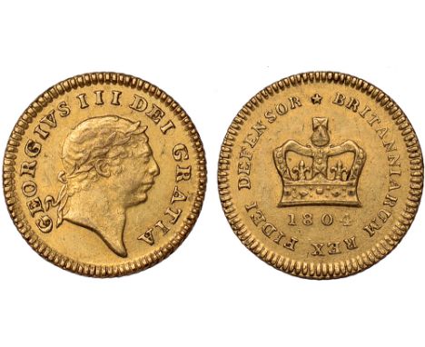 G British Coins, George III, third guinea, 1804, laur. head r., rev. crown, date below (S.3740), good very fine