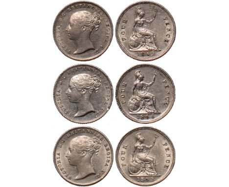 British Coins, Victoria, groats (3): 1842; 1843; 1844, young head l., rev. Britannia std. r., with shield and trident (S.3913