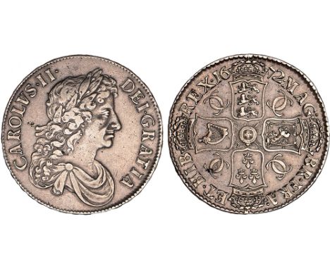 British Coins, Charles II, crown, 1672, V. QVARTO, third laur. bust r., rev. crowned cruciform shields, interlinked Cs in ang