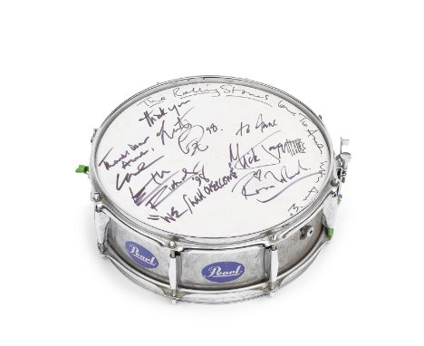 The Rolling Stones: A PEARL SNARE DRUM AUTOGRAPHED BY THE ROLLING STONES,plain metal finish, the Remo 'Weather King' head sig