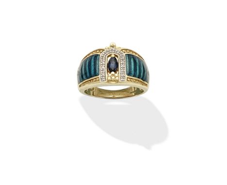 Diana Rigg: A Sapphire and Enamel Ring,centrally set with a marquise-cut sapphire, and flanked by blue enamel panels, mounted