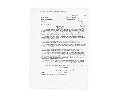 The Avengers: A Mimeographed Contract for The Avengers,1967,six pages, a mimeograph of Diana Rigg's contract dated 20th April