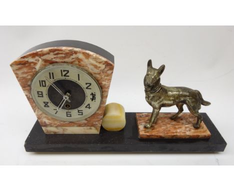 Art Deco marble mantle clock, surmounted with spelter Alsatian, silvered circular dial with Arabic numerals, L40.5cm 