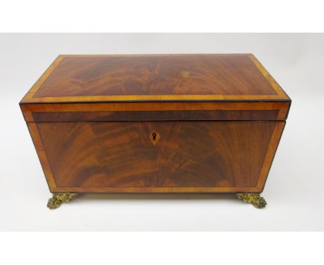 19th century flame mahogany and satinwood crossbanded tea caddy, the interior two caddy's and aperture for mixing bowl, with 