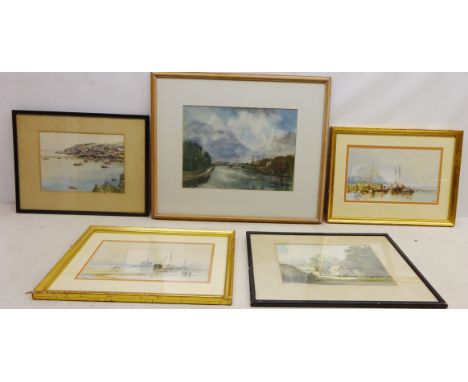 Coastal Scenes, two 20th century watercolours signed K W, River Ouse York, watercolour signed by Arthur Upton (British exh.19