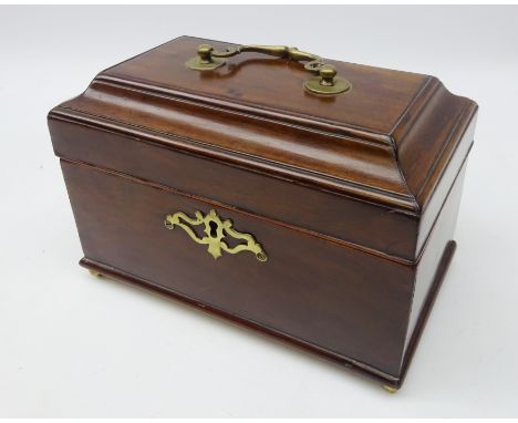 George III mahogany three division tea caddy, rectangular form with open work brass escutcheon and carry handle on brass ball