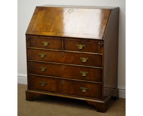 Queen Anne style inlaid and cross banded walnut bureau, fall front enclosing fitted interior, two short and three long drawer