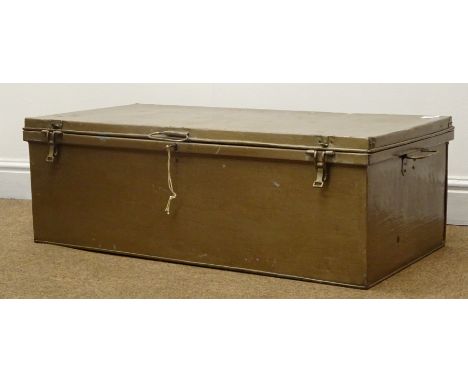 Mid 20th century metal trunk, hinged lid, carrying handles, W91cm, H31cm, D46cm