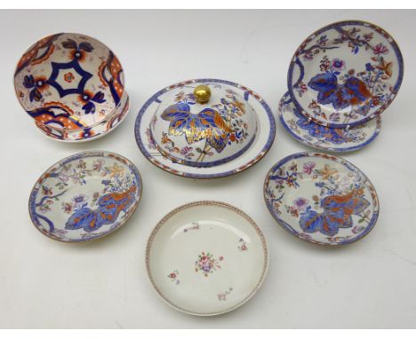 19th century Spode New Stone Tobacco leaf pattern muffin dish &amp; cover, two matching saucers and tea plates, Newhall type 