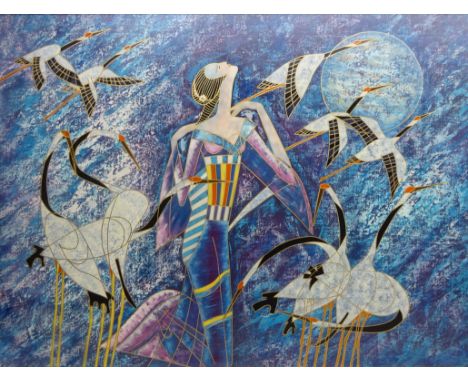 'Seattle Gold' - Portrait of a Woman and Cranes, abstract oil and gold pen on printed canvas unsigned 90cm x 120cm