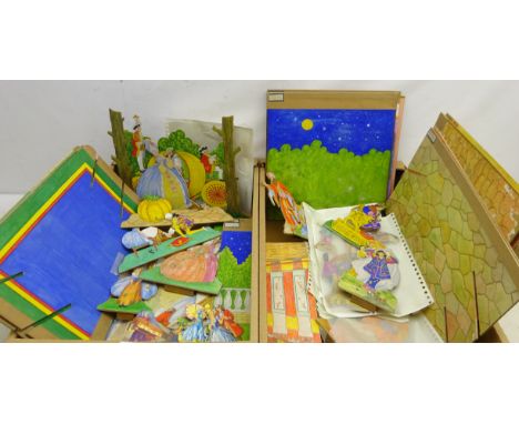 Cinderella and Aladdin, two sets of hand painted Children's model toy theatre prosceniums mostly annotated with scene numbers