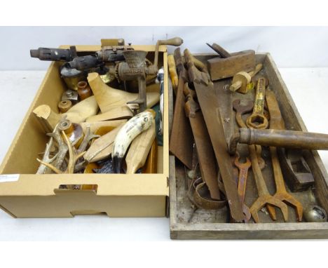 Collection of old tools to include smoothing plane, Ransomes and other cast iron spanners, hand saws etc, primus and other bl