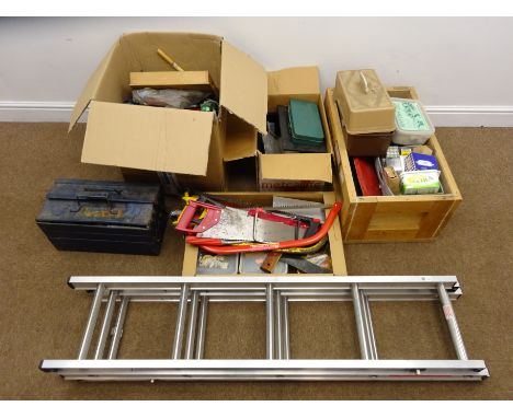 Large quantity of hand tools comprising of saws, a socket set, hammers etc and a small three section aluminium ladder