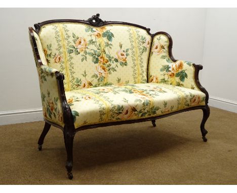 Late Victorian mahogany settee, moulded and acanthus caved frame with pierced scroll cresting, upholstered in Kenilworth fabr