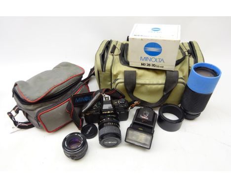 Minolta X-700 camera body with three lenses - 70-210mm f4, 28-70mm f3.5-4.8 (boxed) &amp; 50mm f1.7, Cobra flash gun etc in t