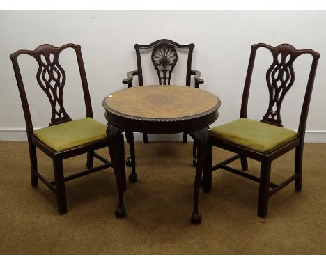 Chippendale style mahogany elbow chair, carved and pierced splat, upholstered seat, acanthus carved cabriole legs, ball and c