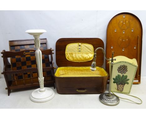 Vintage Bagatelle board, Chess board, cream painted candle holder, magazine rack, mahogany vanity case, brushed metal table l