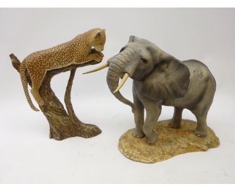 Two North Light limited edition ceramic resin models - Leopard on Fork sculpted by Sheila Black 344/350 and Bull Elephant by 