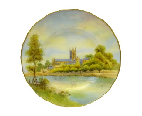 20th century Royal Worcester shaped plate, hand painted with Worcester Cathedral, signed Roberts, D27.5cm&nbsp;