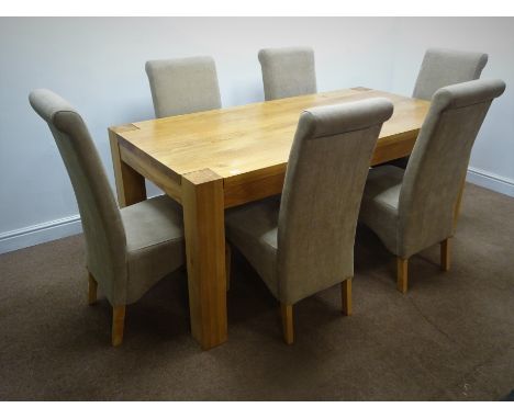 Solid light oak rectangular dining table, square supports (W180cm, H79cm, D90cm) and set six high back upholstered dining cha