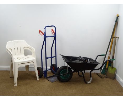 Quantity of garden tools comprising of a spade, hoe, rake etc, a sack truck, wheelbarrow, two garden chairs and two garden mo