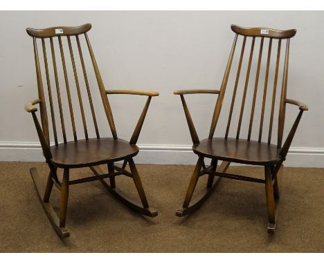 Pair Ercol medium elm stick back rocking chairs, W62cm